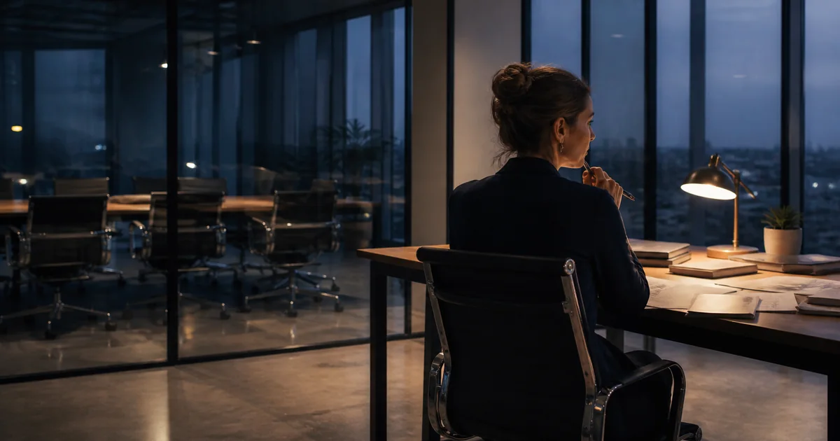 Woman founder alone in a quiet office after the team has left
