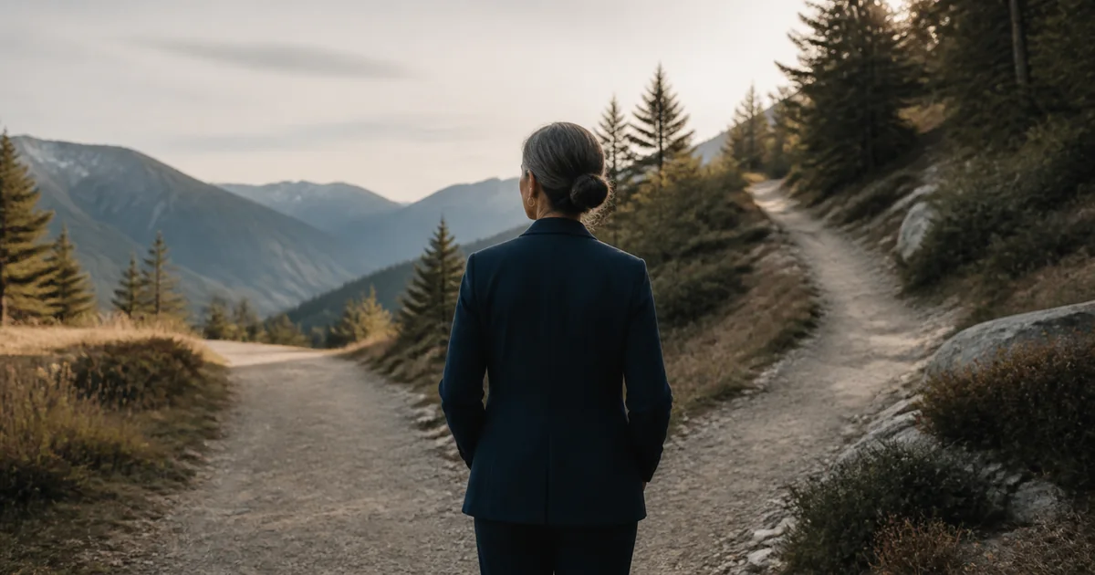 Woman pausing where a mountain trail divides into two paths