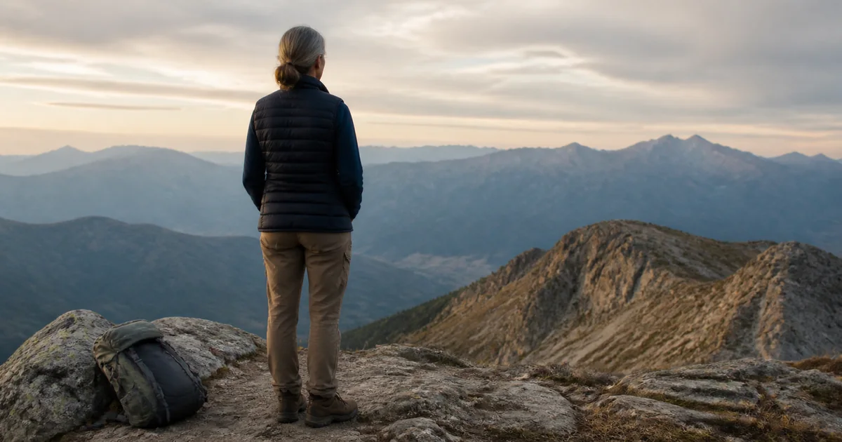 Woman standing quietly at a mountain summit after the climb