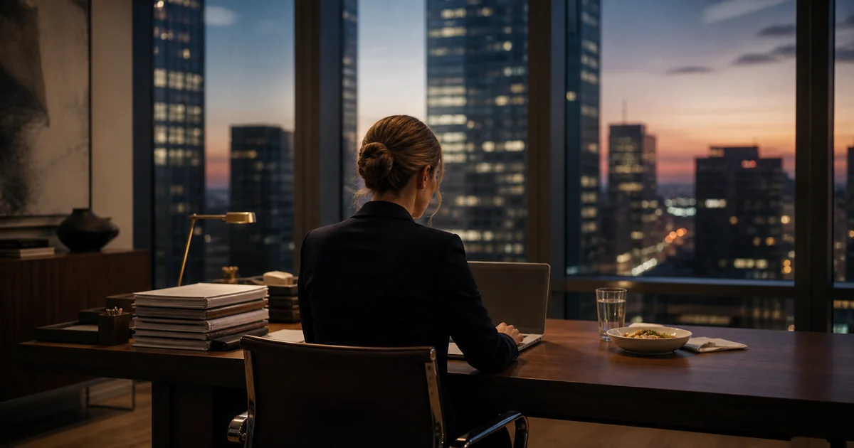 Woman executive working alone in a high-rise office at dusk
