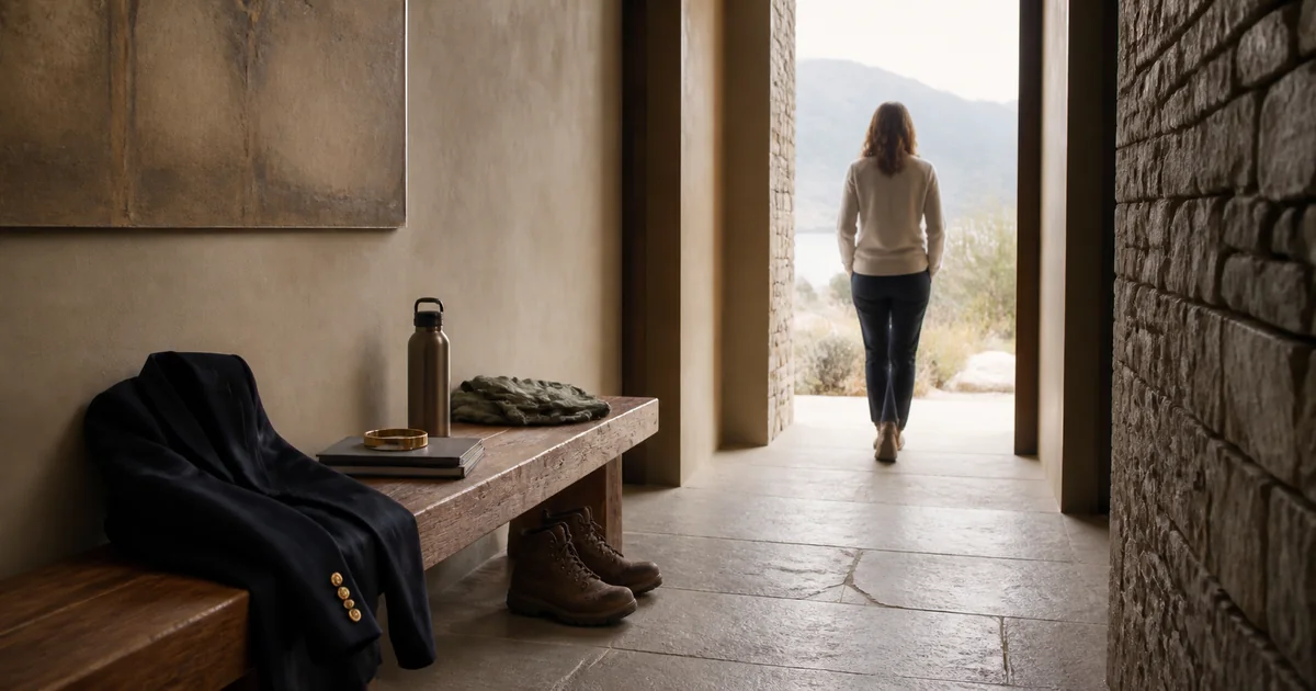 Business clothes left on a bench as a woman walks into daylight