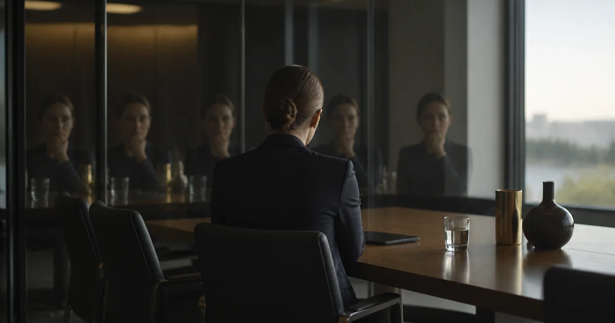 Woman executive facing layered reflections in a glass boardroom