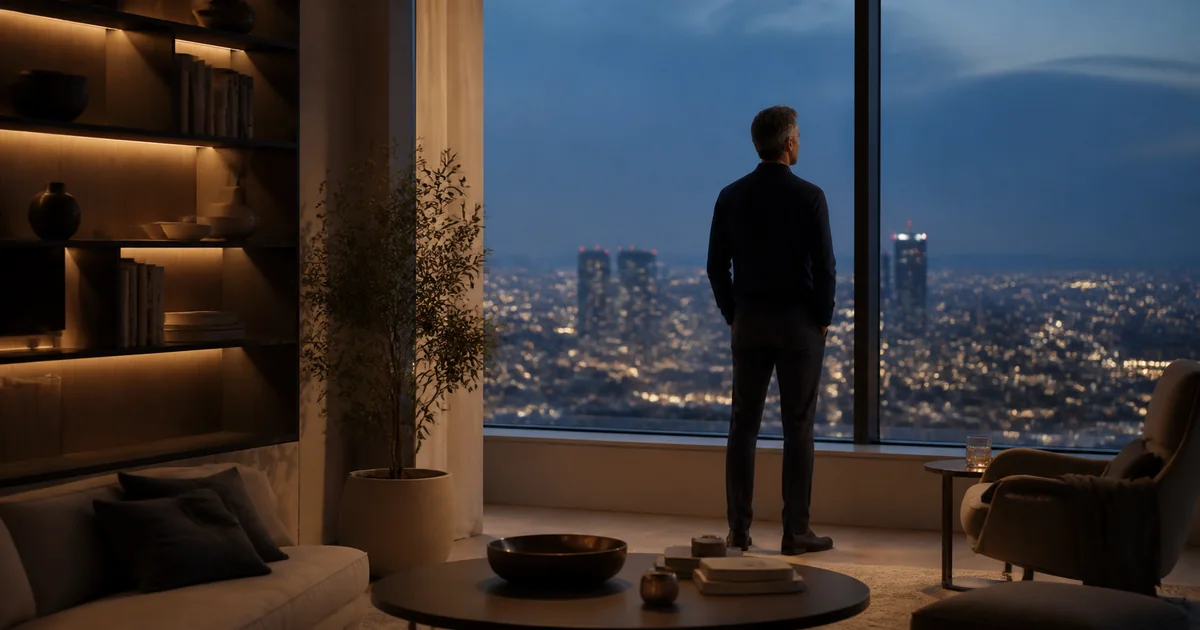 A man standing alone at a window at night looking out over a lit city, back to the room behind him