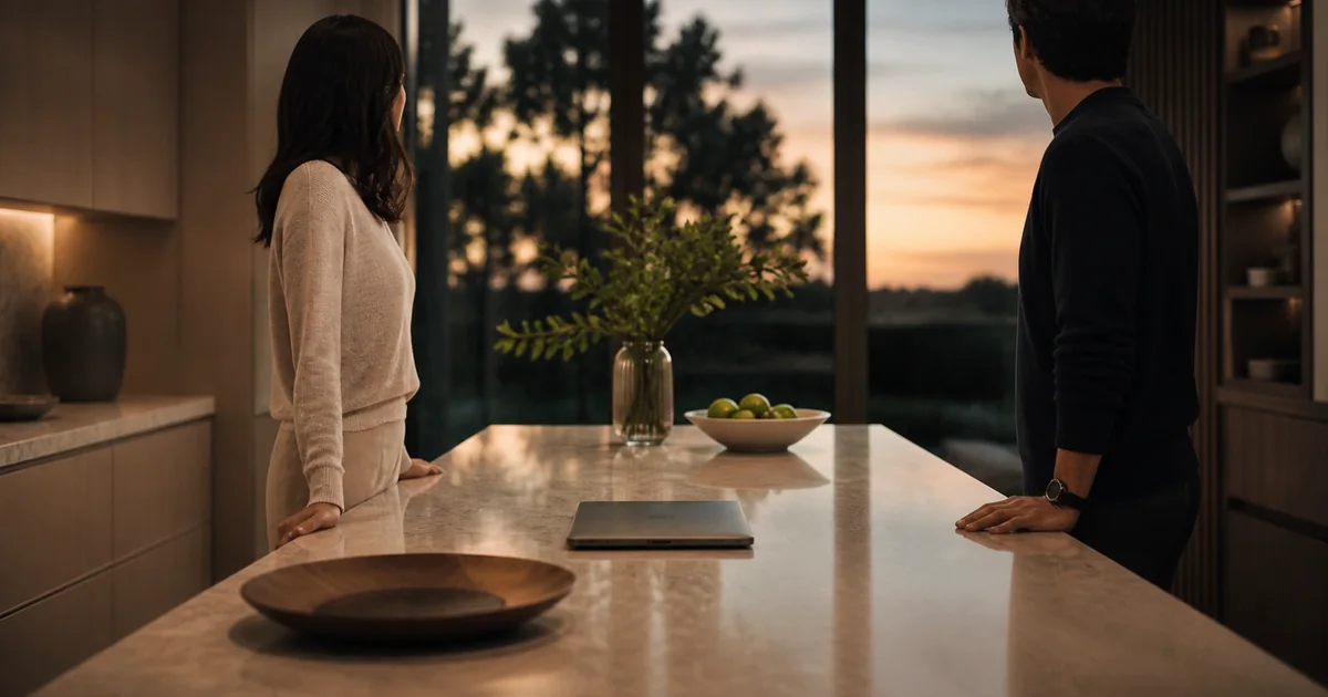 Two partners standing apart across a kitchen island