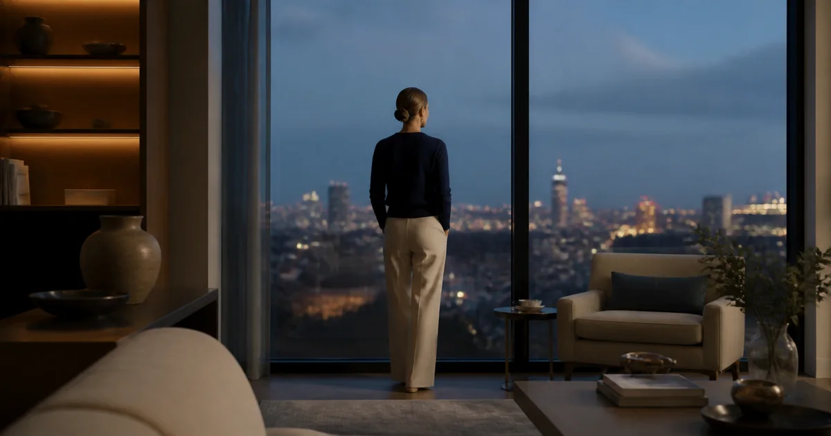 Woman looking over city lights from a quiet home at blue hour