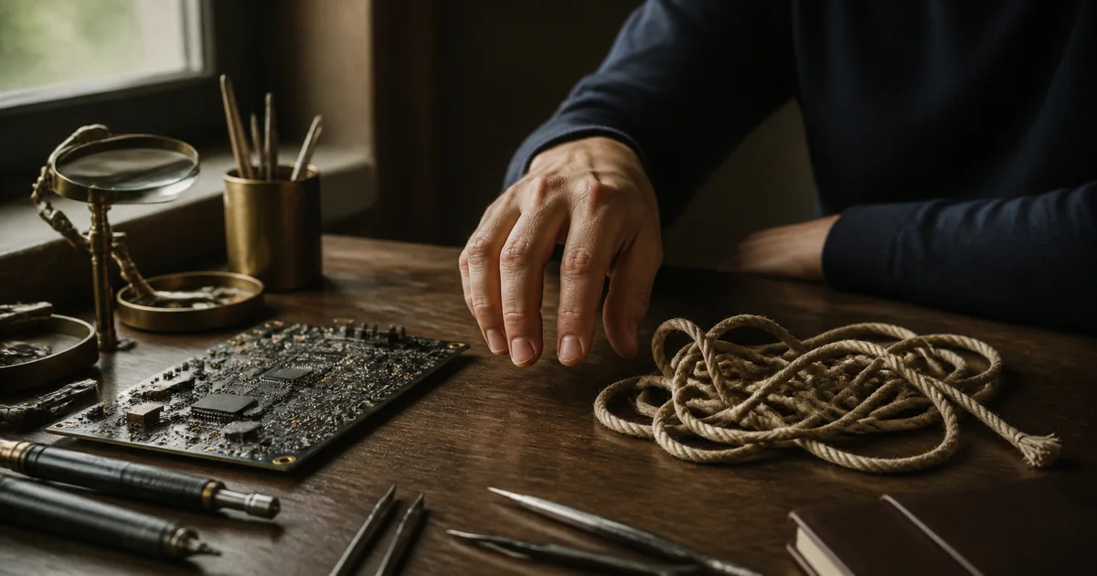 Circuit board and knotted cord on an engineer's workbench