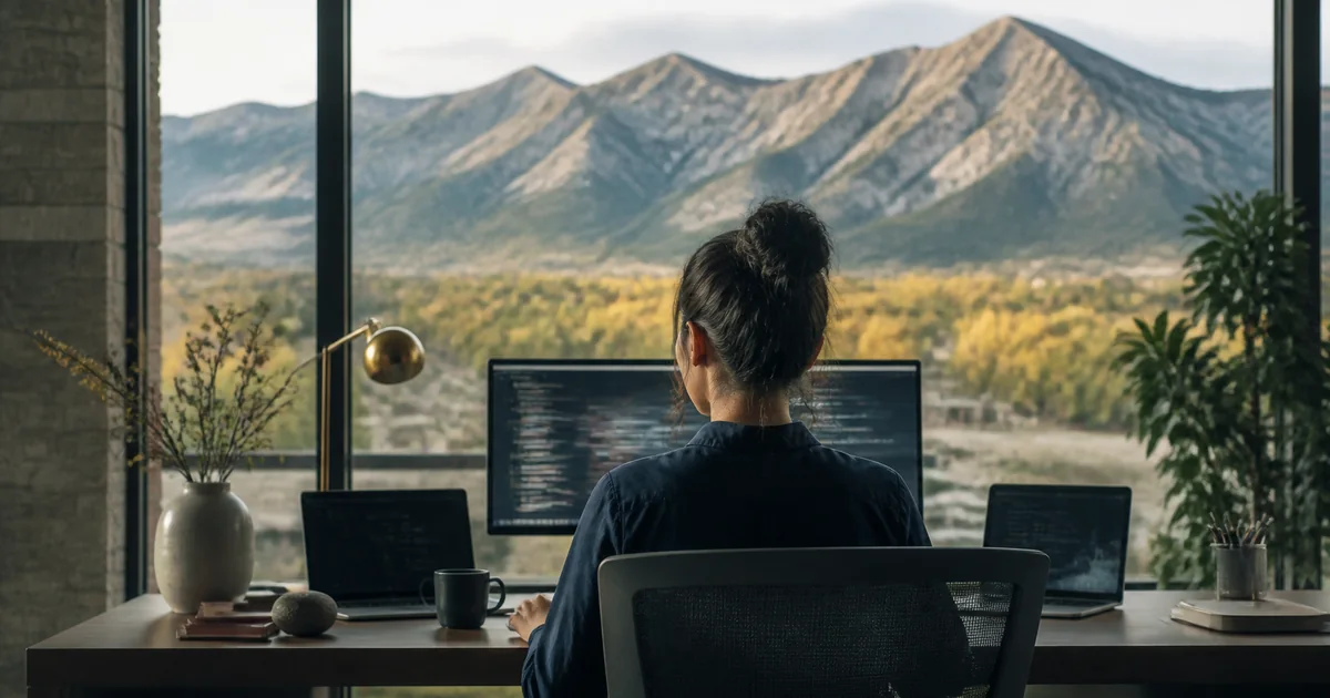 Woman developer working in a modern Colorado office overlooking the mountains