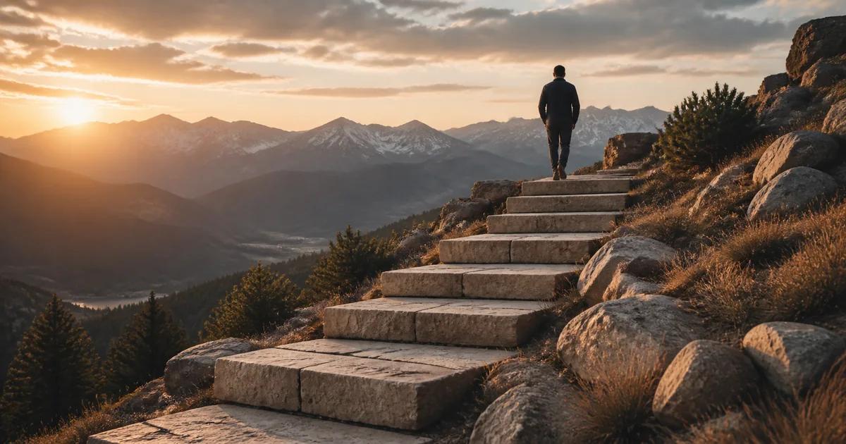 Person climbing broad stone steps through a Colorado mountain landscape