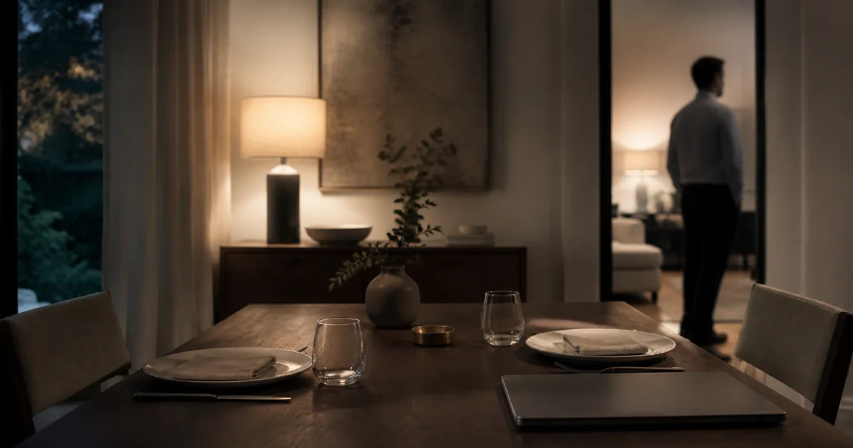 Dinner table set for two with a laptop occupying one place